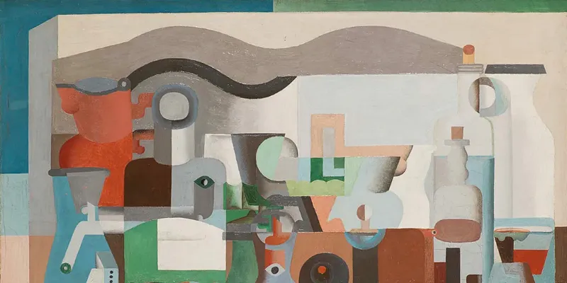 Tableau puriste de Le Corbusier, nature morte avec objets géométriques et couleurs pures, reflétant son style de peintre